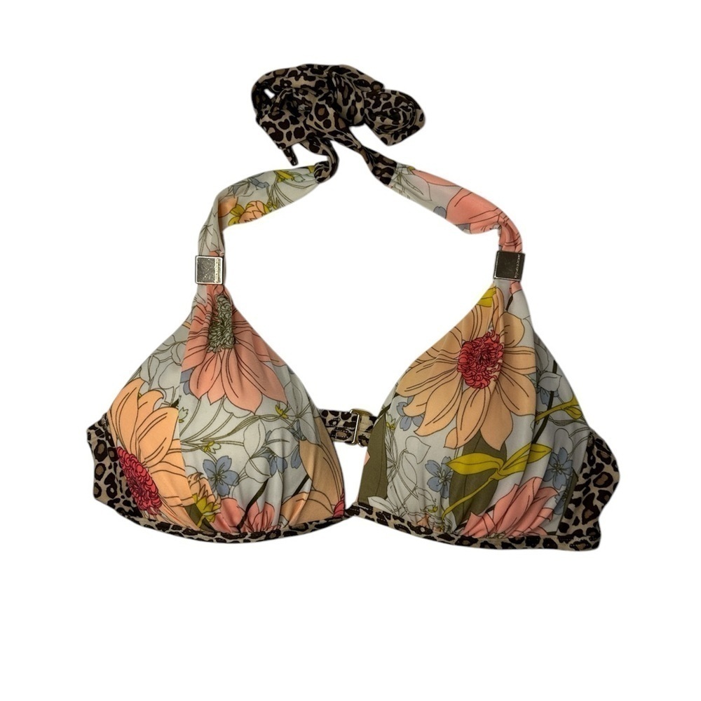 Victoria’s Secret Swim Top Halter Padded  Floral Animal Leopard Print Sz M